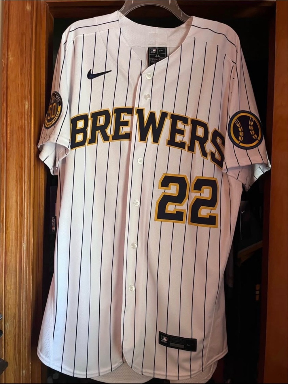 NWT Milwaukee Brewers Yelich 50th Anniversary White Pinstripe Baseball Jersey